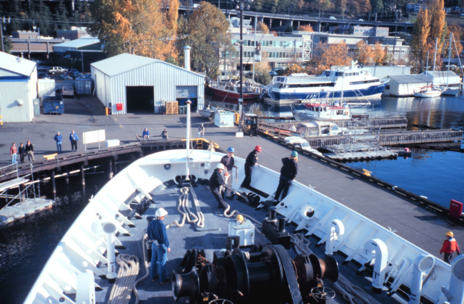 Securing the bow of the RAINIER as the ship ties up for the last time at the endof the 1999 field season