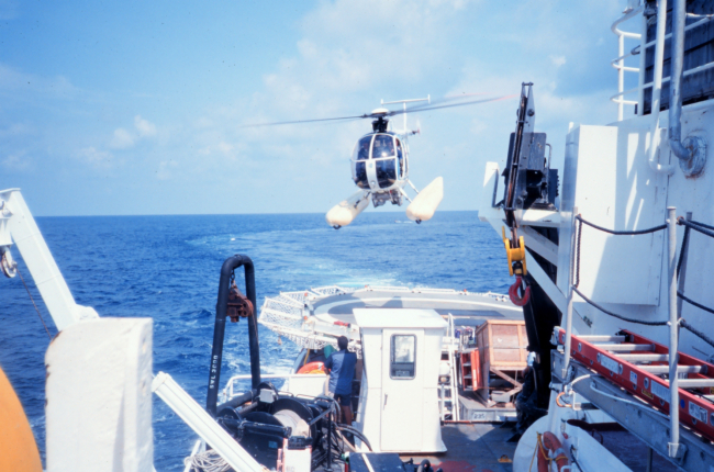 MD500 taking off from NOAA Ship DAVID STARR JORDAN for marine mammal studies