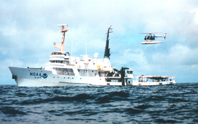 NOAA Ship DAVID STARR JORDAN and MD500 helicopter duringmarine mammal studies in the tropical east Pacific Ocean