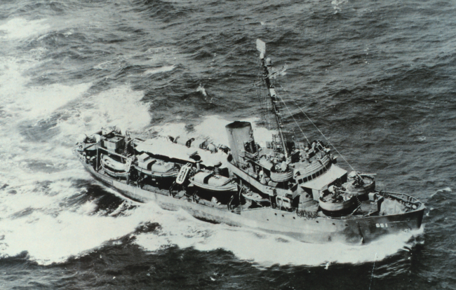 The Coast and Geodetic Survey Ship PATHFINDER enroute to Okinawa where itsustained a kamikaze hit but survived to enter Tokyo Bay at the end ofhostilities