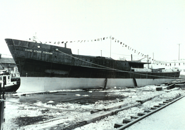 Hull of DAVID STARR JORDAN following launching at Christy Shipyard