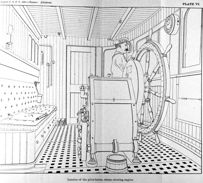 Interior of the pilot-house, steam steering engine