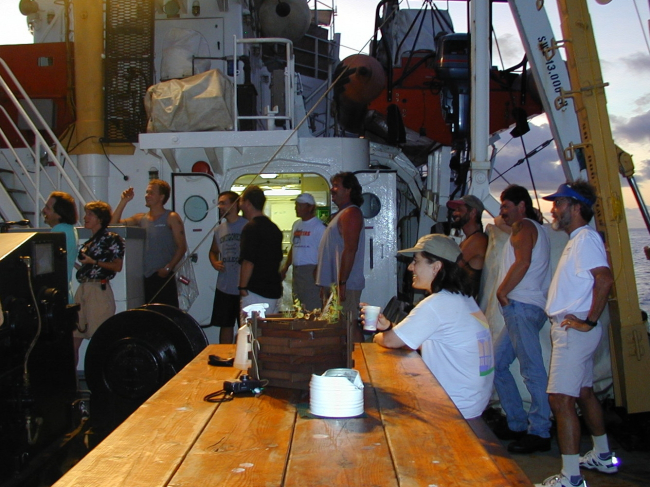 Shipboard and scientific crew unite for the 2nd Annual Thanksgiving PinataFestival on board the NOAA Ship McARTHUR during Project STAR 2000