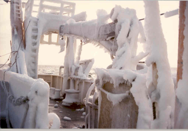A dangerous coating of ice on the NOAA Ship MILLER FREEMAN