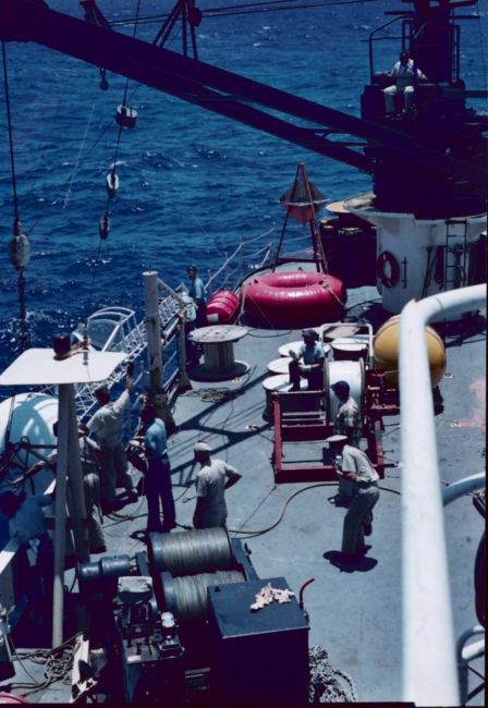 Deploying a tower from the ESSA Ship DISCOVERER for mounting solar radianceinstruments and other meteorological instruments