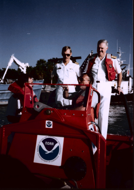 Rear Admiral Ray Moses and Captain Ted Wyzewski during test and acceptanceof NOAA Rigid Hull Inflatable Boat (RHIB)