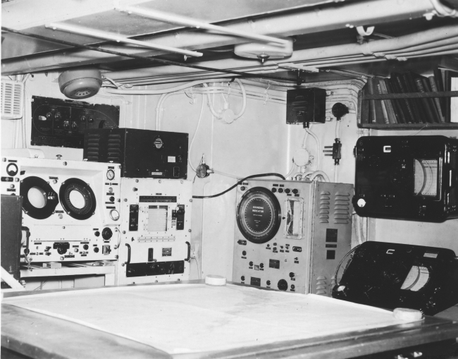 Various types of sounding recorders and other electronic equipment in theplotting room of the Coast and Geodetic Survey Ship EXPLORER