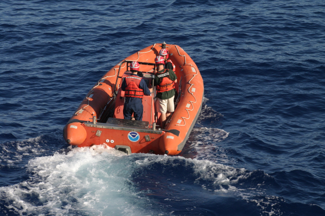 Departing ship on rigid-hulled-inflatable-boat (RHIB) off NOAA Ship THOMASJEFFERSON
