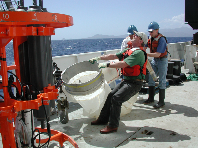 Preparing to deploy Bongo Nets on the NOAA Ship RONALD H