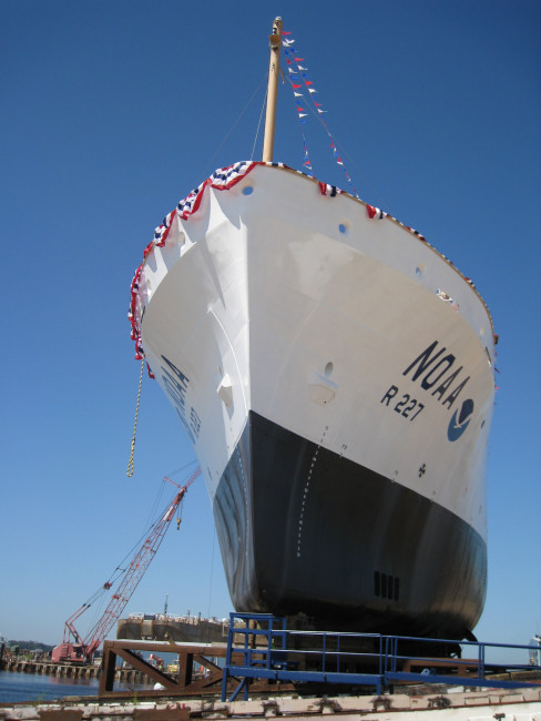 The bow of the NOAA Ship BELL SHIMADA just prior to launching