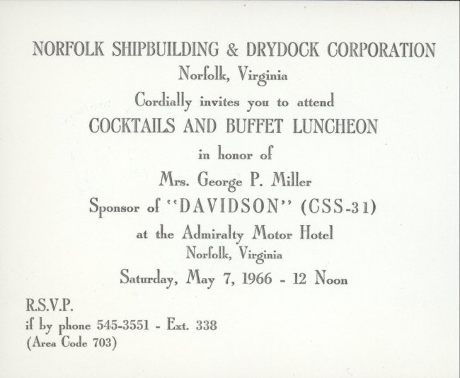 Invitation to pre-launch social activities following launch of ESSA ShipDAVIDSON on May 7, 1966