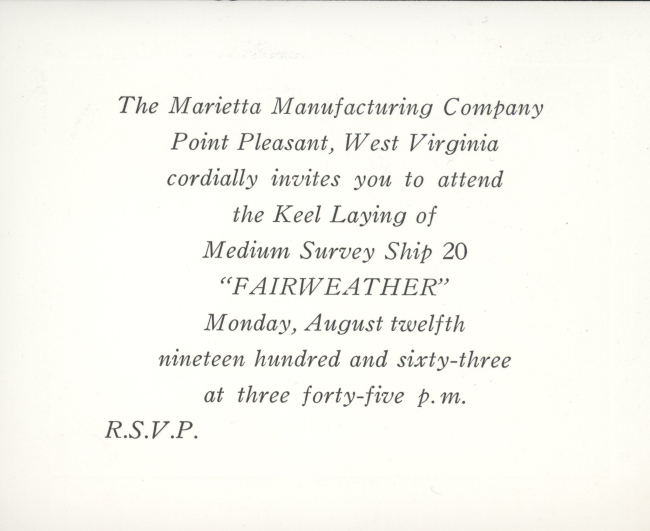 Invitation to keel laying of Coast and Geodetic Survey Ship FAIRWEATHER onAugust 12, 1963