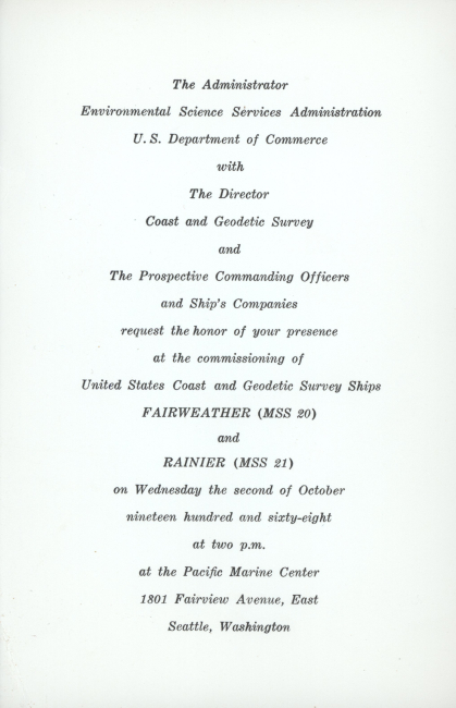 Invitation to joint commissioning ceremony of ESSA Ships FAIRWEATHER andRAINIER on October 2, 1968