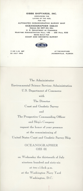 Announcement of keel laying of USC&GS; Ship OCEANOGRAPHER July 22, 1963