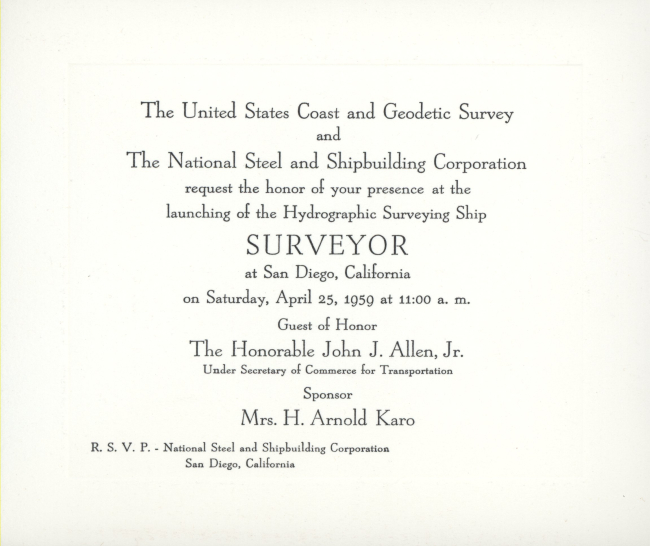 Invitation to the launching of the Coast and Geodetic Survey ShipSURVEYOR on April 25, 1959
