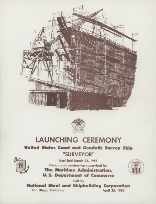 Notice of launching ceremony for Coast and Geodetic Survey Ship SURVEYORon April 25, 1959