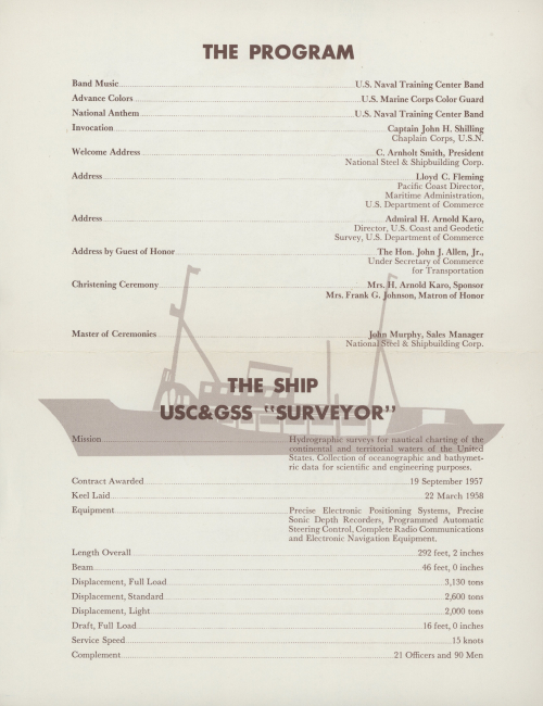 Program for launching ceremony for Coast and Geodetic Survey Ship SURVEYORon April 25, 1959