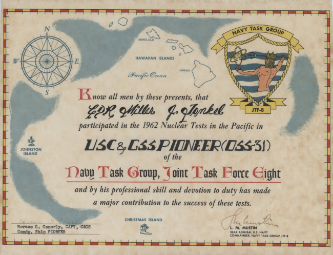 Certificate acknowledging Commander Miller J