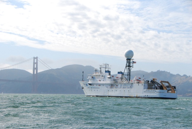 NOAA Ship OKEANOS EXPLORER approaching the Golden Gate Bridgewhile departing San Francisco