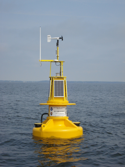 A buoy of the Chesapeake Bay Interpretive Buoy System which are used to mark the Captain John Smith Chesapeake National Historic Trail