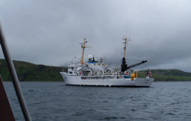 NOAA Ship RAINIER as seen from launch in the Pavlof Islands
