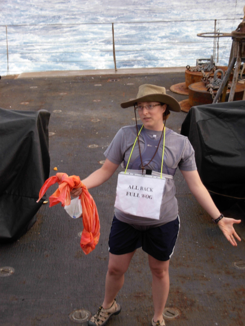 All Back Full Wog displaying name tag during equator crossing ceremony onthe NOAA Ship KA'IMIMOANA (R333)