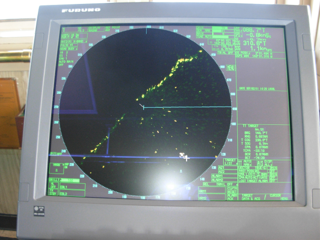 Radar display of mid-ocean phenomena marking boundary between two watermasses