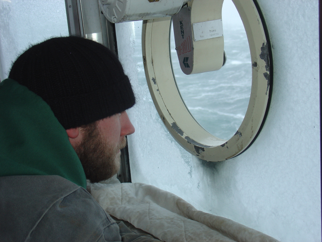 Maintaining  a sharp lookout in cold rought weather with heavey icingon the NOAA Ship MILLER FREEMAN