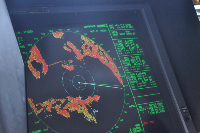 Radar display of southern reaches of Johnstone Strait, just a little north ofCampbell River and headed towards Seattle