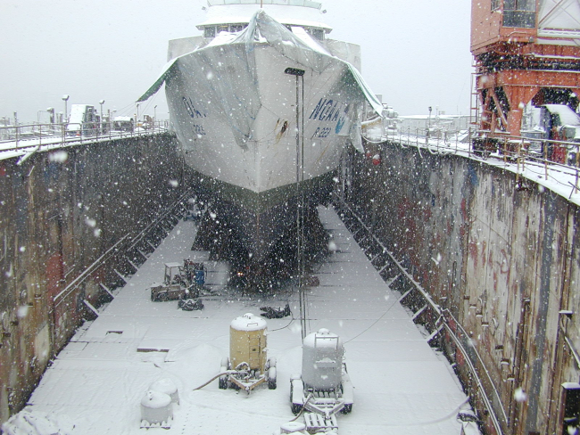 NOAA Ship MILLER FREEMAN in drydock on a snowy winter day