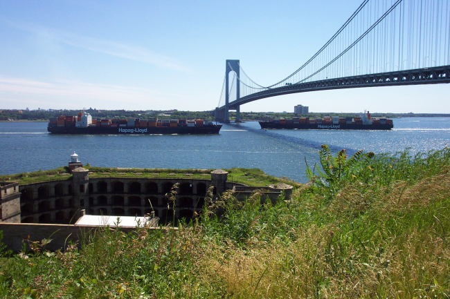 Two containerships passing each other at Verrazano Narrows Bridge