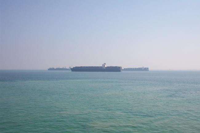 Containerships waiting to transit the Suez Canal