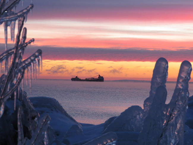 Bulk carrier on the Great Lakes on a frigid winter day