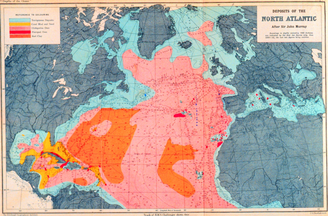 A bottom sediment map showing the density of deep sea soundings as wellpublished by Sir John Murray of the CHALLENGER