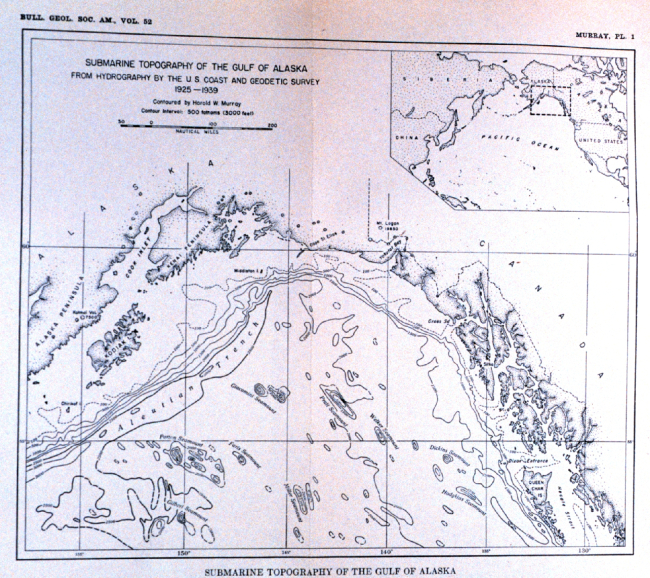 Bathymetric map of the Gulf of Alaska by Harold Murray of the Coast and Geodetic Survey