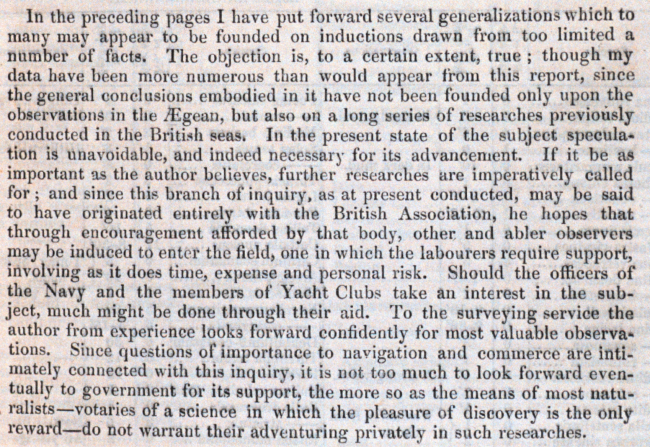 End page of Edward Forbes' paper in which he challenges the scientific community to seek new knowledge of the sea and lays the groundwork for government supportof oceanography