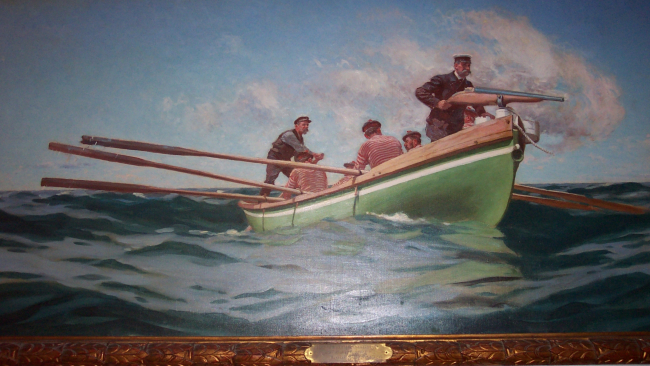 Painting of Prince Albert manning the harpoon cannon whileattempting to obtain marine mammal for study