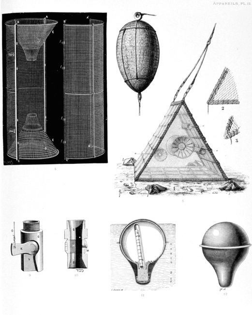 A variety of types of equipment used on the HIRONDELLE including: cylindricalmetallic fish trap, figure 4; polyhedral fish trap, built on the HIRONDELLE in1888, figure 5; details of robinette associated with HIRONDELLE sounder, figures 9 and 10; special floats for use with Gulf Stream studies - figure 11 is acutaway view showing the message and figure 12 shows the floating configuration