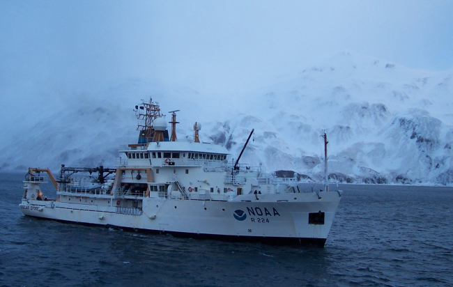 NOAA Ship OSCAR DYSON in an ice encrusted Three Saints Bay