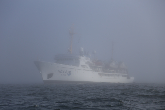 NOAA Ship FAIRWEATHER servicing weather buoy 46041 off the Washingtoncoast between Aberdeen and Cape Flattery on a foggy summer day