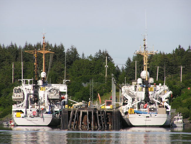 Stern view of NOAA Ships FAIRWEATHER and RAINIER tied up at Kodiakpier