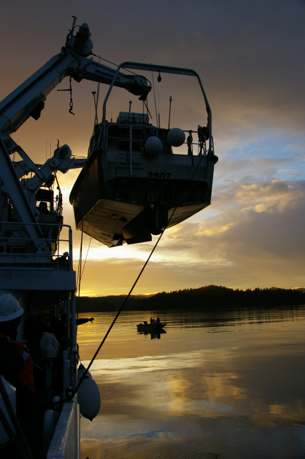 NOAA survey launch 2807 being secured at sunset