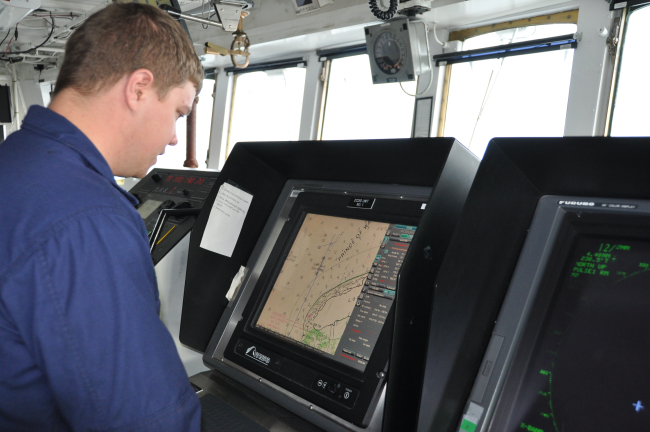 Monitoring NOAA Ship FAIRWEATHER's position on an electronic chart off CapePrince of Wales, the westernmost point of North America