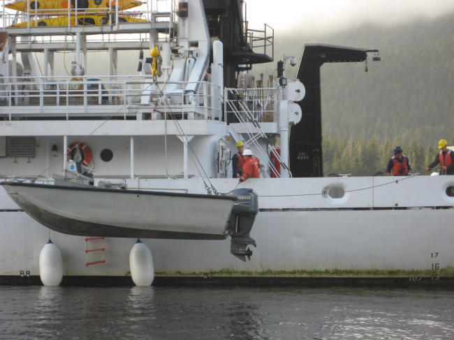 Launching small workboat on NOAA Ship FAIRWEATHER