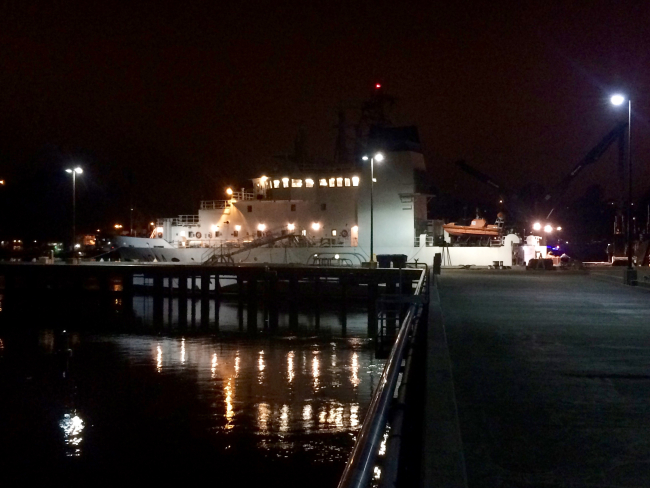 The NOAA Ship BELL SHIMADA alongside at NOAA's Hatfield Marine ScienceCenter dock at night