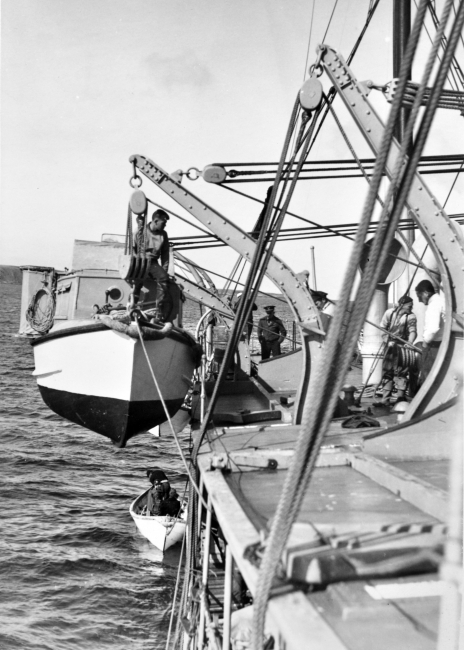 Launching the boats at the beginning of the work day off theCoast and Geodetic Survey Ship SURVEYOR