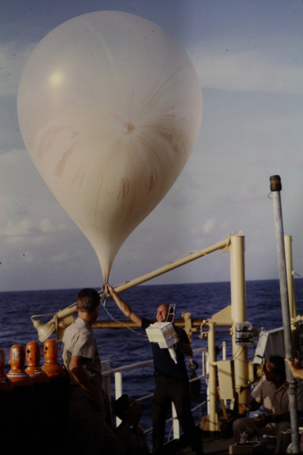 Launching a weather balloon with radiosonde on USC&GS; Ship OCEANOGRAPHER