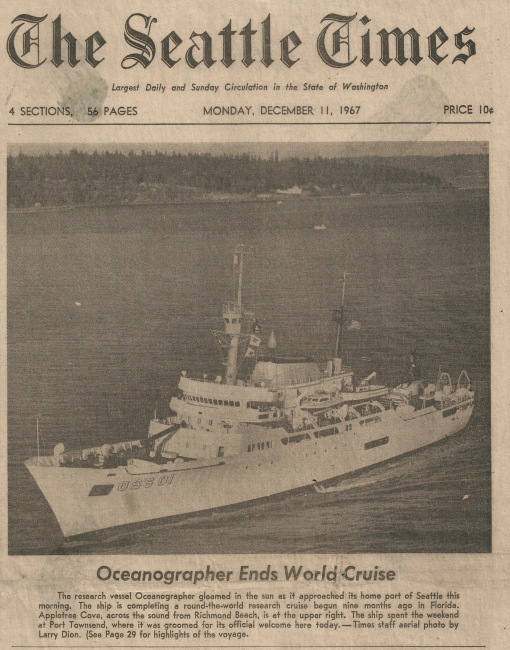 Front page of the Seattle Times as the OCEANOGRAPHER  enters its newhome port