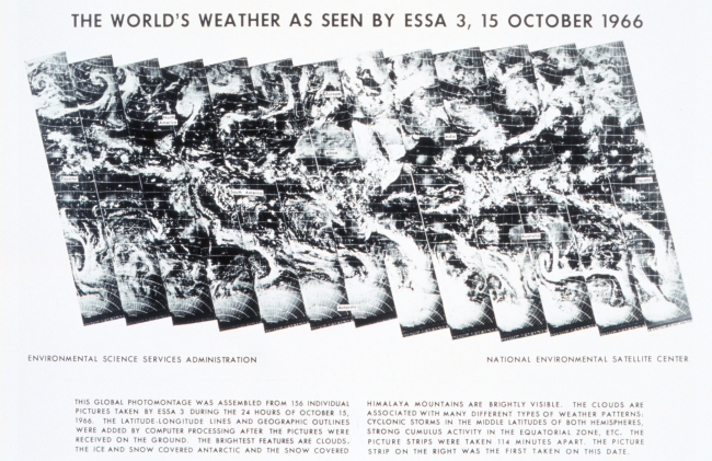 The World's Weather as seen by ESSA 3 -  this image was assembled from 156individual photographs obtained over the 24 hours of October 15, 1966