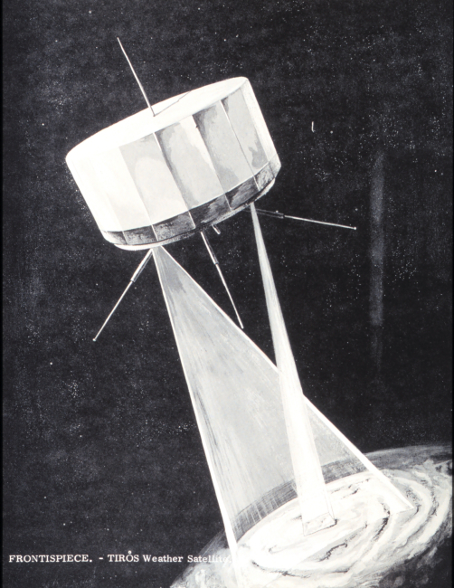 Artist's conception of TIROS meteorological satellite system showing field ofview of wide-angle and narrow-angle cameras on Earth's surface